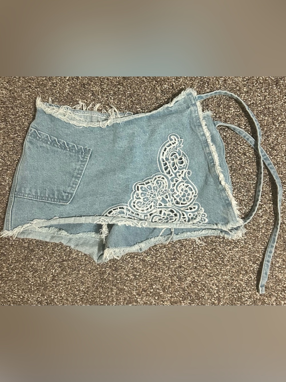 POL M Denim Lace-Appliqué Wrap Shorts - Light Blue Frayed Edges Tie On Skirt